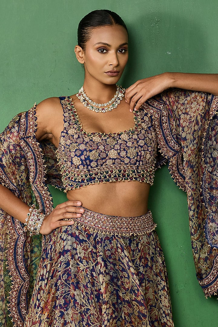 Blue Organza Printed & Embellished Wedding Lehenga Set by Ridhima Bhasin at Pernia's Pop Up Shop