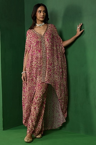 Pink Georgette Printed & Embellished Kurta Set by Ridhima Bhasin