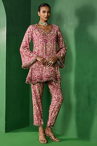 Pink Rayon Embroidered A-Line Kurta Set by Ridhima Bhasin