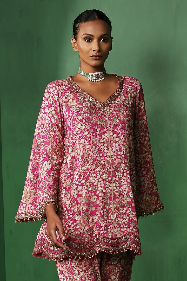 Pink Rayon Embroidered A-Line Kurta Set by Ridhima Bhasin at Pernia's Pop Up Shop