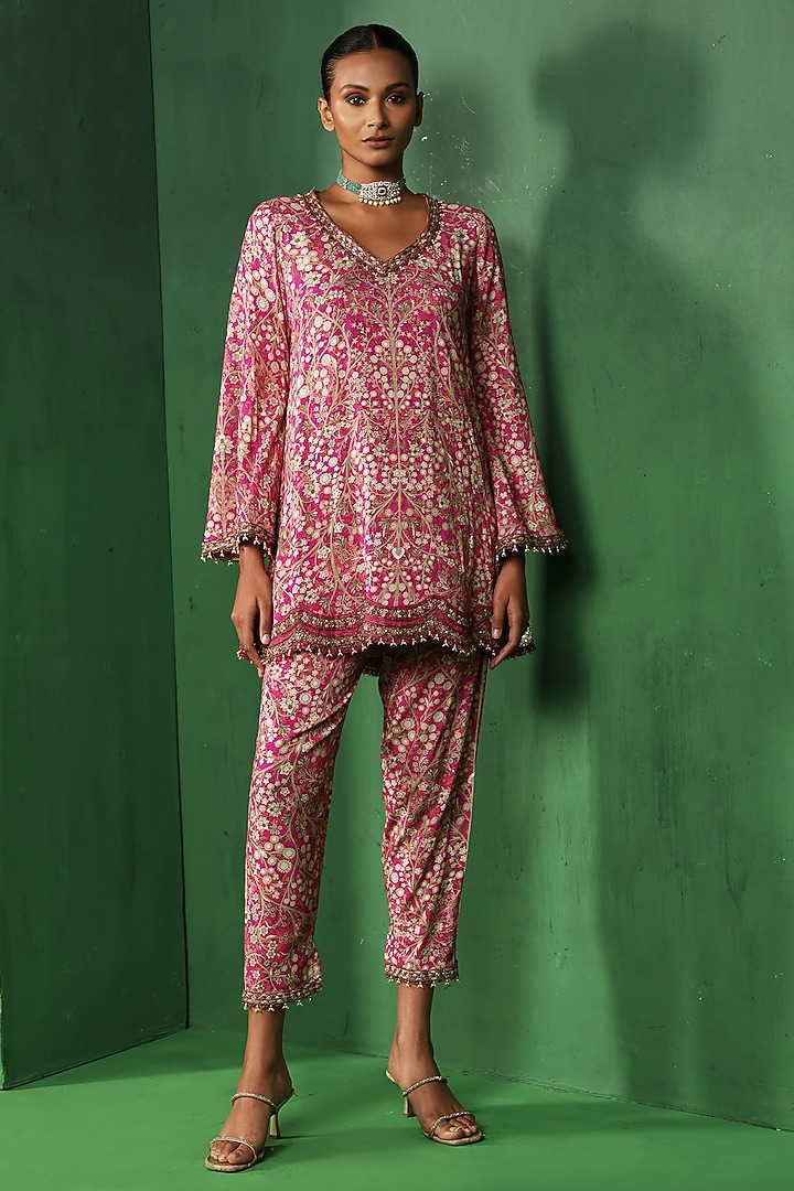 Pink Rayon Embroidered A-Line Kurta Set by Ridhima Bhasin at Pernia's Pop Up Shop