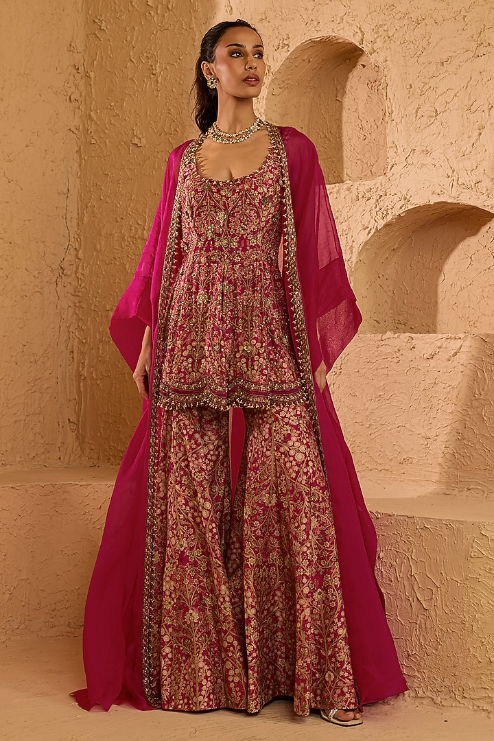 Pink Organza & Chanderi Printed Wedding Sharara Set by Ridhima Bhasin at Pernia's Pop Up Shop