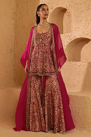 Pink Organza & Chanderi Printed Sharara Set by Ridhima Bhasin