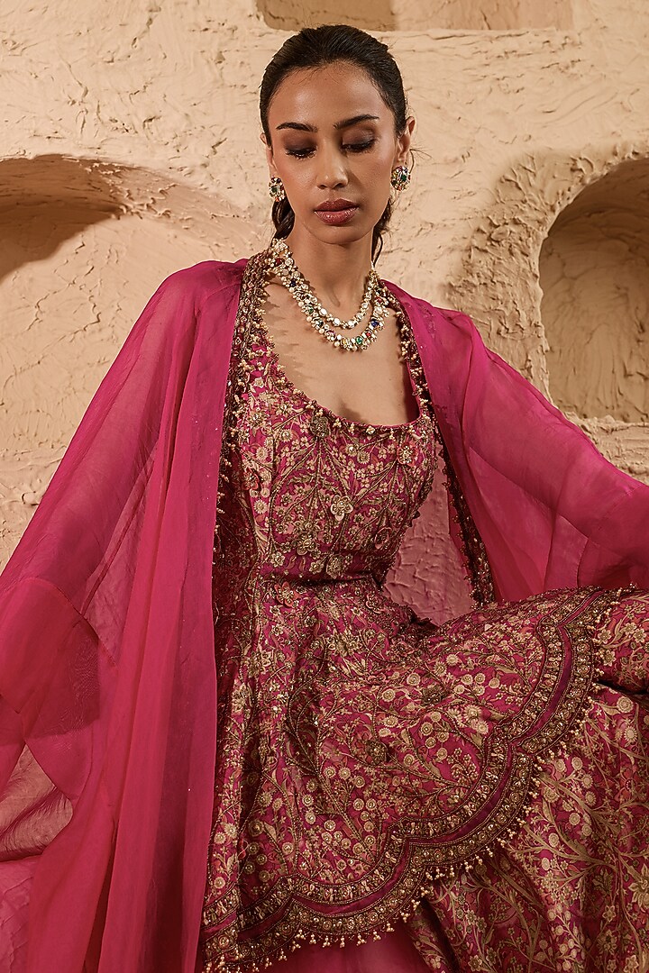 Pink Organza & Chanderi Printed Wedding Sharara Set by Ridhima Bhasin at Pernia's Pop Up Shop