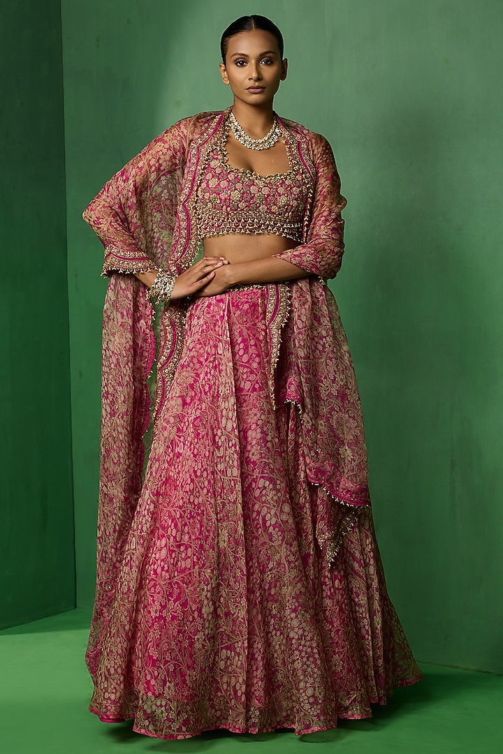 Pink Organza Printed & Embellished Wedding Lehenga Set by Ridhima Bhasin at Pernia's Pop Up Shop