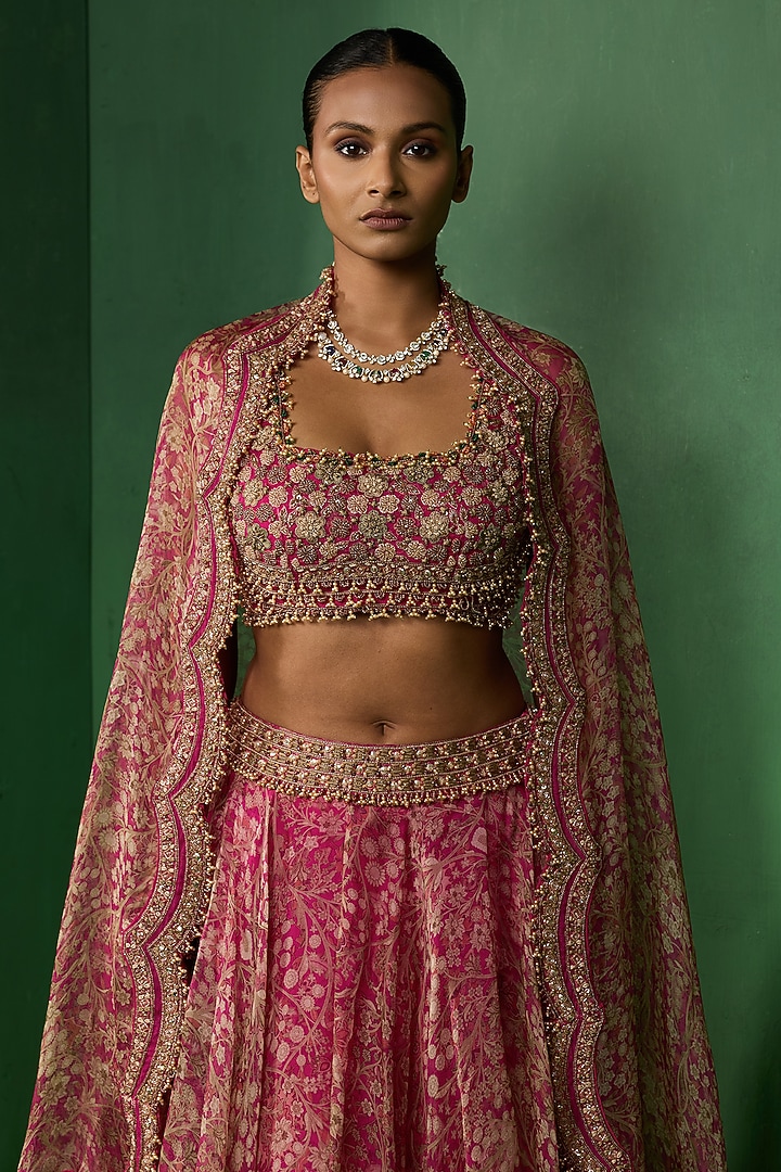 Pink Organza Printed & Embellished Wedding Lehenga Set by Ridhima Bhasin at Pernia's Pop Up Shop
