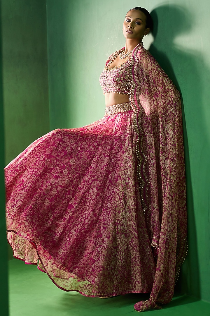 Pink Organza Printed & Embellished Wedding Lehenga Set by Ridhima Bhasin at Pernia's Pop Up Shop