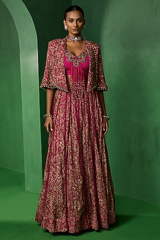 Pink Organza Printed Draped Skirt Set by Ridhima Bhasin