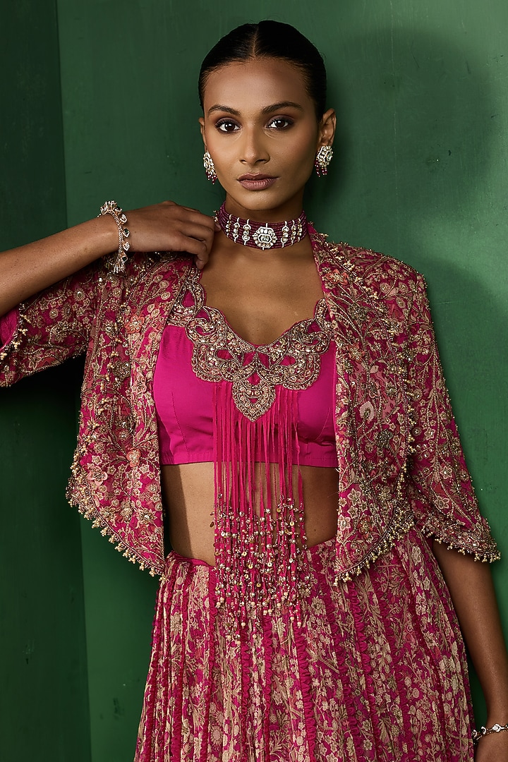 Pink Organza Printed Draped Skirt Set by Ridhima Bhasin at Pernia's Pop Up Shop