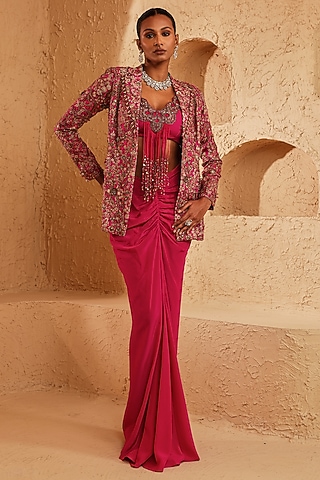 Fuchsia Pink Raw Silk Draped Skirt Set by Ridhima Bhasin
