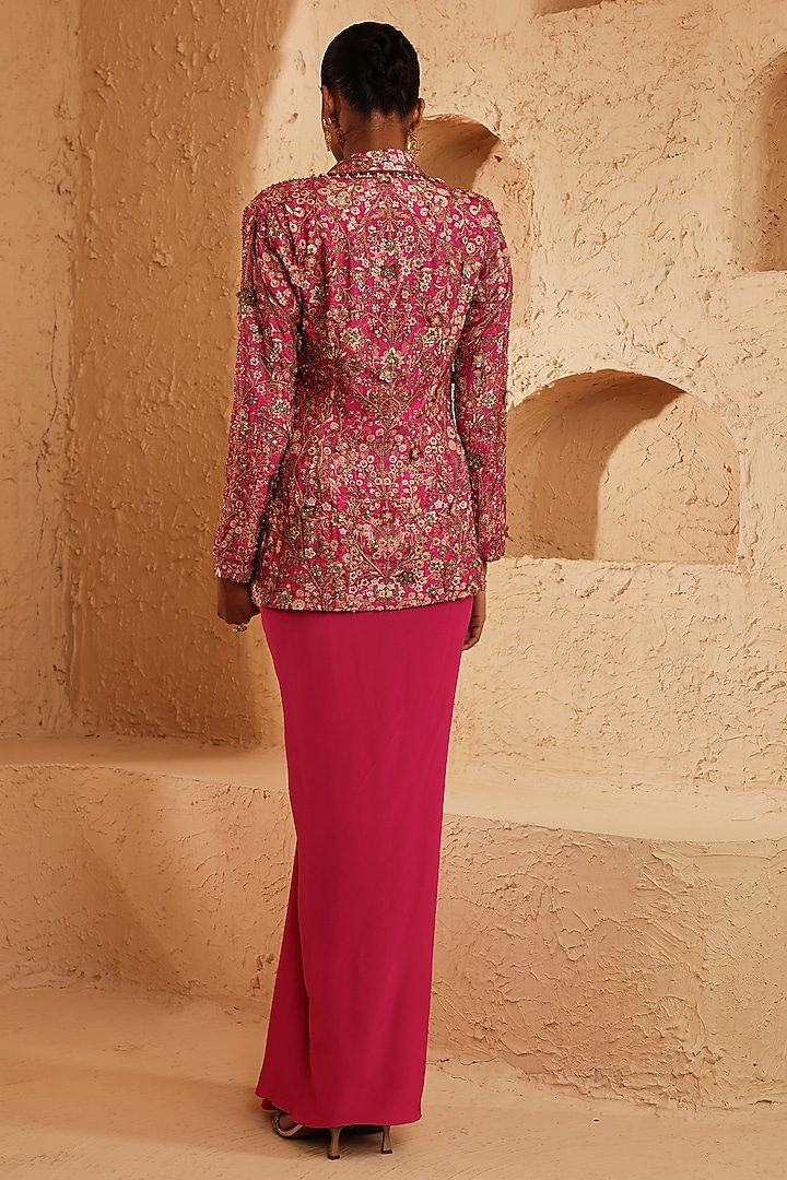 Fuchsia Pink Raw Silk Draped Skirt Set by Ridhima Bhasin at Pernia's Pop Up Shop