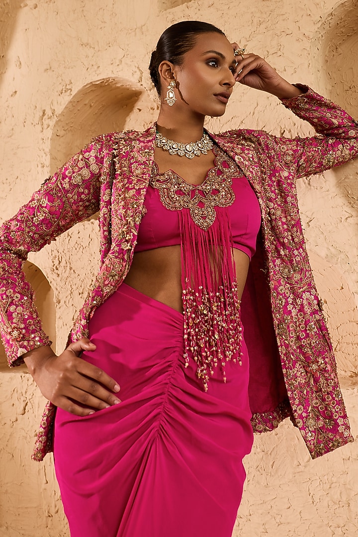 Fuchsia Pink Raw Silk Draped Skirt Set by Ridhima Bhasin at Pernia's Pop Up Shop