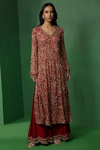 Red Georgette Embellished Kurta Set by Ridhima Bhasin