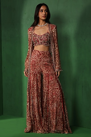 Red Chiffon Printed Sharara Set by Ridhima Bhasin