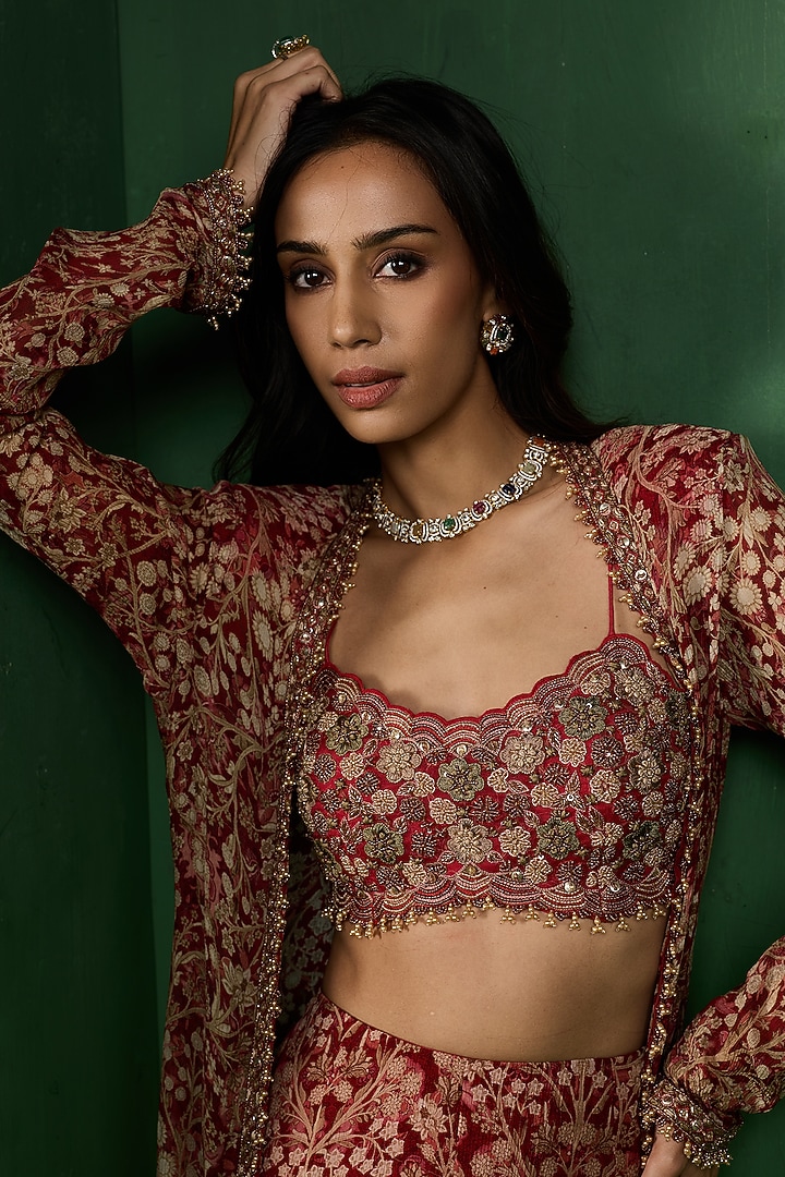 Red Chiffon Printed Wedding Sharara Set by Ridhima Bhasin at Pernia's Pop Up Shop