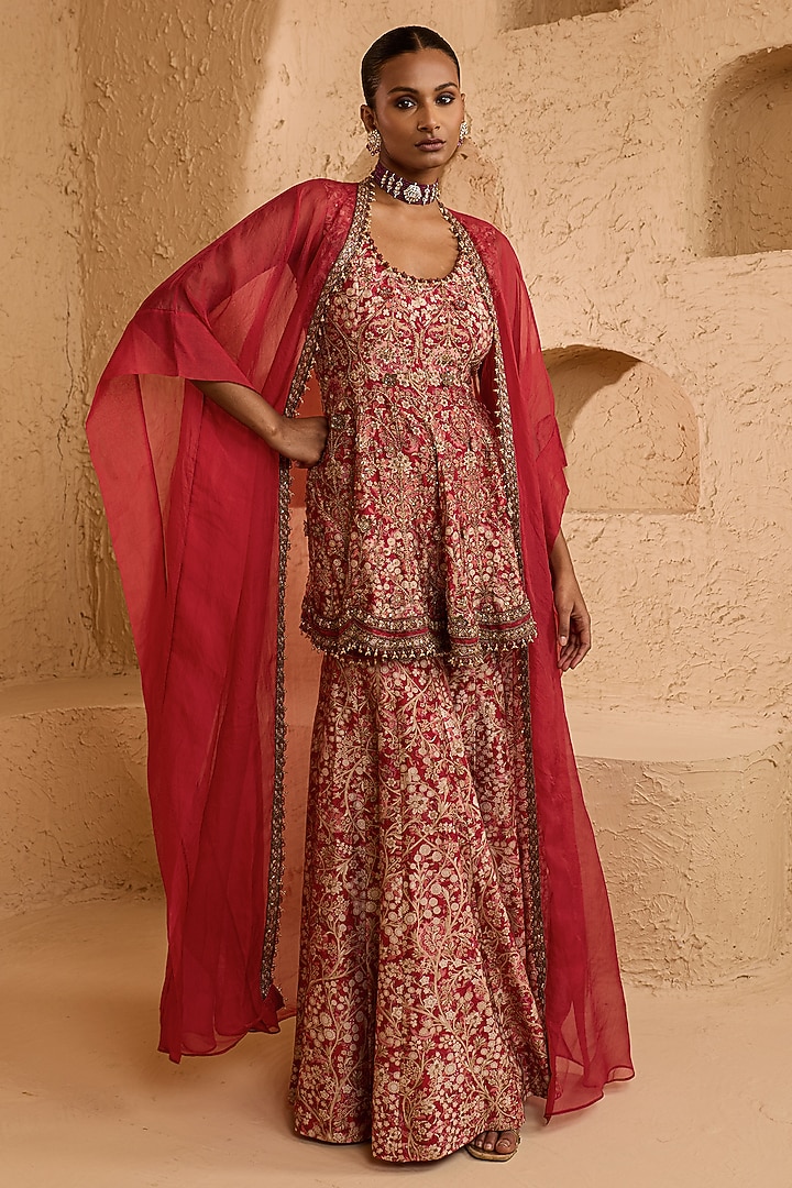 Red Organza & Chanderi Printed Wedding Sharara Set by Ridhima Bhasin at Pernia's Pop Up Shop