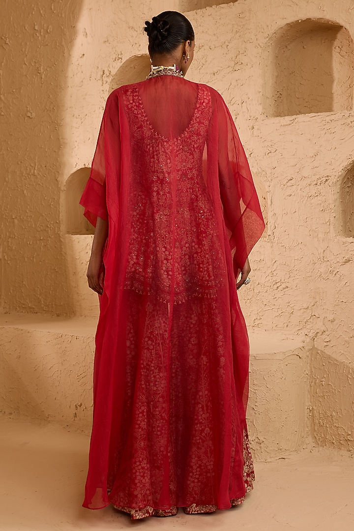 Red Organza & Chanderi Printed Wedding Sharara Set by Ridhima Bhasin at Pernia's Pop Up Shop