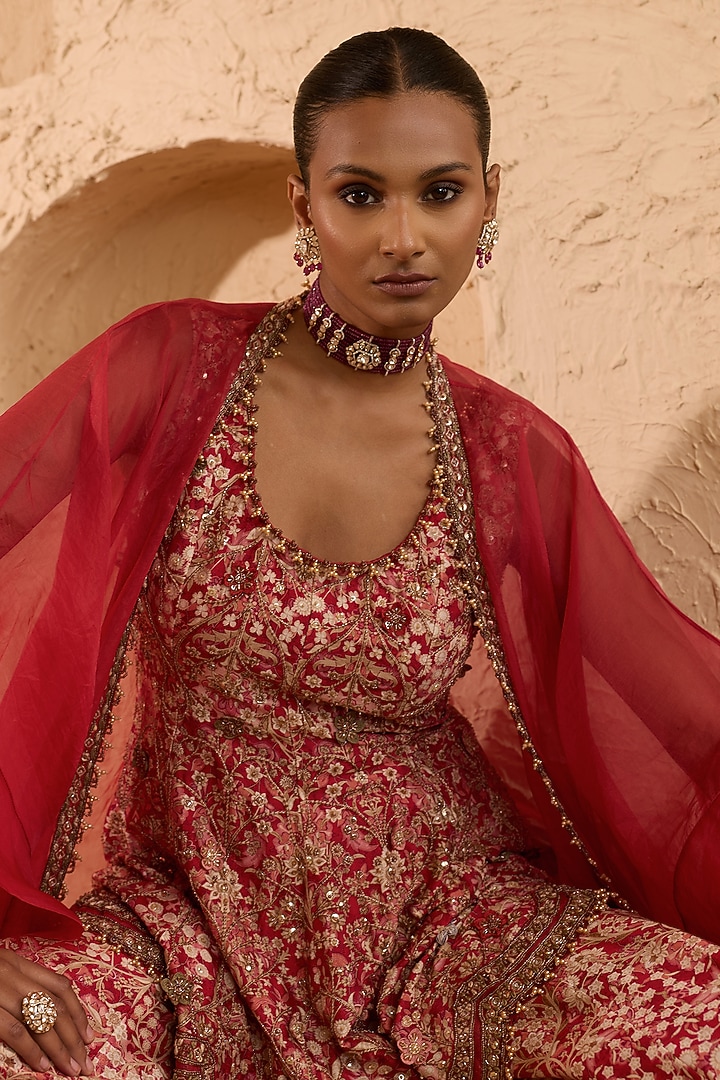 Red Organza & Chanderi Printed Wedding Sharara Set by Ridhima Bhasin at Pernia's Pop Up Shop