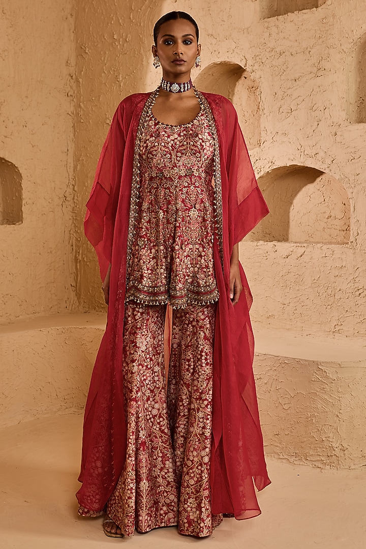 Red Organza & Chanderi Printed Wedding Sharara Set by Ridhima Bhasin at Pernia's Pop Up Shop
