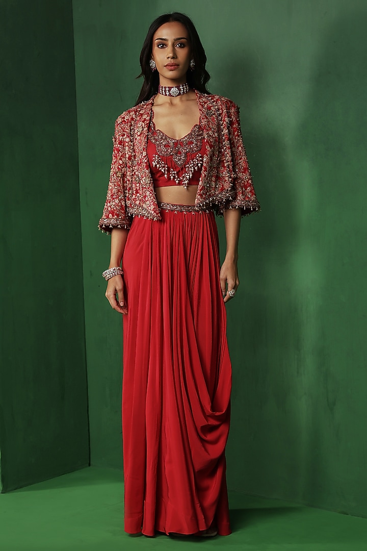 Red Georgette Draped Skirt Set by Ridhima Bhasin at Pernia's Pop Up Shop