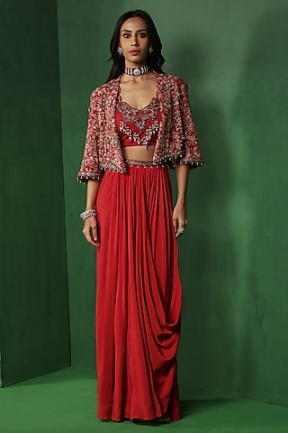 Red Georgette Draped Skirt Set by Ridhima Bhasin