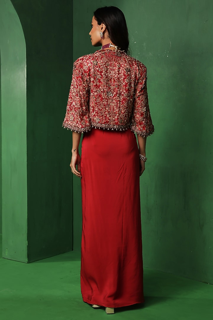 Red Georgette Draped Skirt Set by Ridhima Bhasin at Pernia's Pop Up Shop