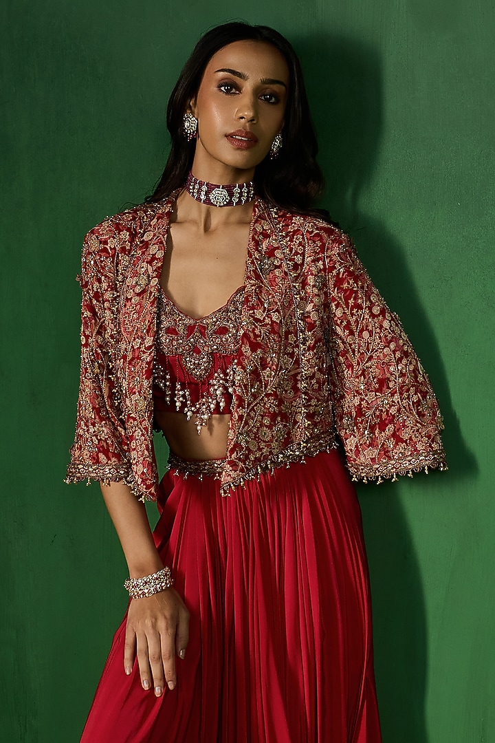 Red Georgette Draped Skirt Set by Ridhima Bhasin at Pernia's Pop Up Shop