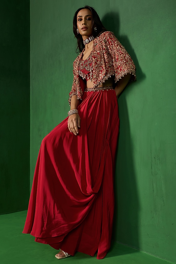 Red Georgette Draped Skirt Set by Ridhima Bhasin at Pernia's Pop Up Shop