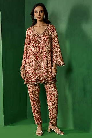 Red Rayon Embroidered A-Line Kurta Set by Ridhima Bhasin