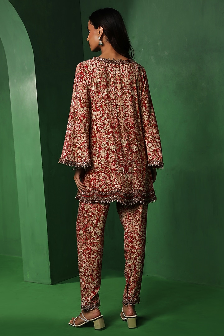 Red Rayon Embroidered A-Line Kurta Set by Ridhima Bhasin at Pernia's Pop Up Shop