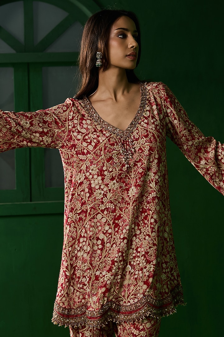 Red Rayon Embroidered A-Line Kurta Set by Ridhima Bhasin at Pernia's Pop Up Shop
