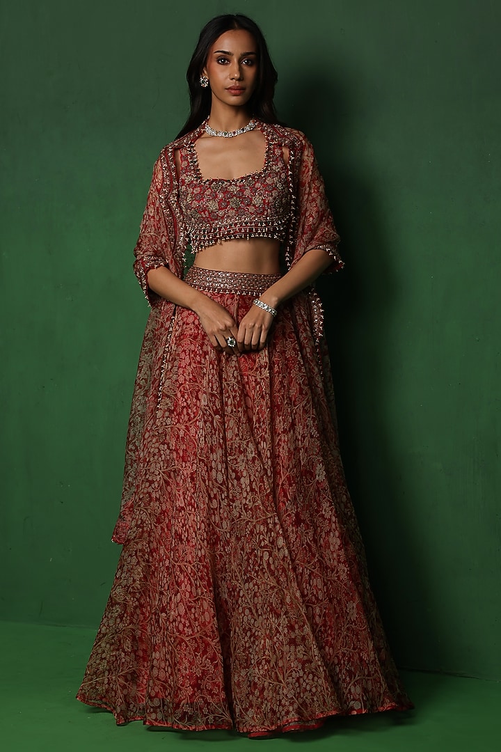 Red Organza Printed & Embellished Wedding Lehenga Set by Ridhima Bhasin at Pernia's Pop Up Shop