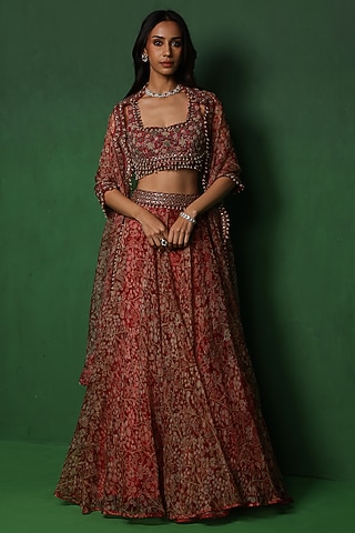 Red Organza Printed & Embellished Lehenga Set by Ridhima Bhasin