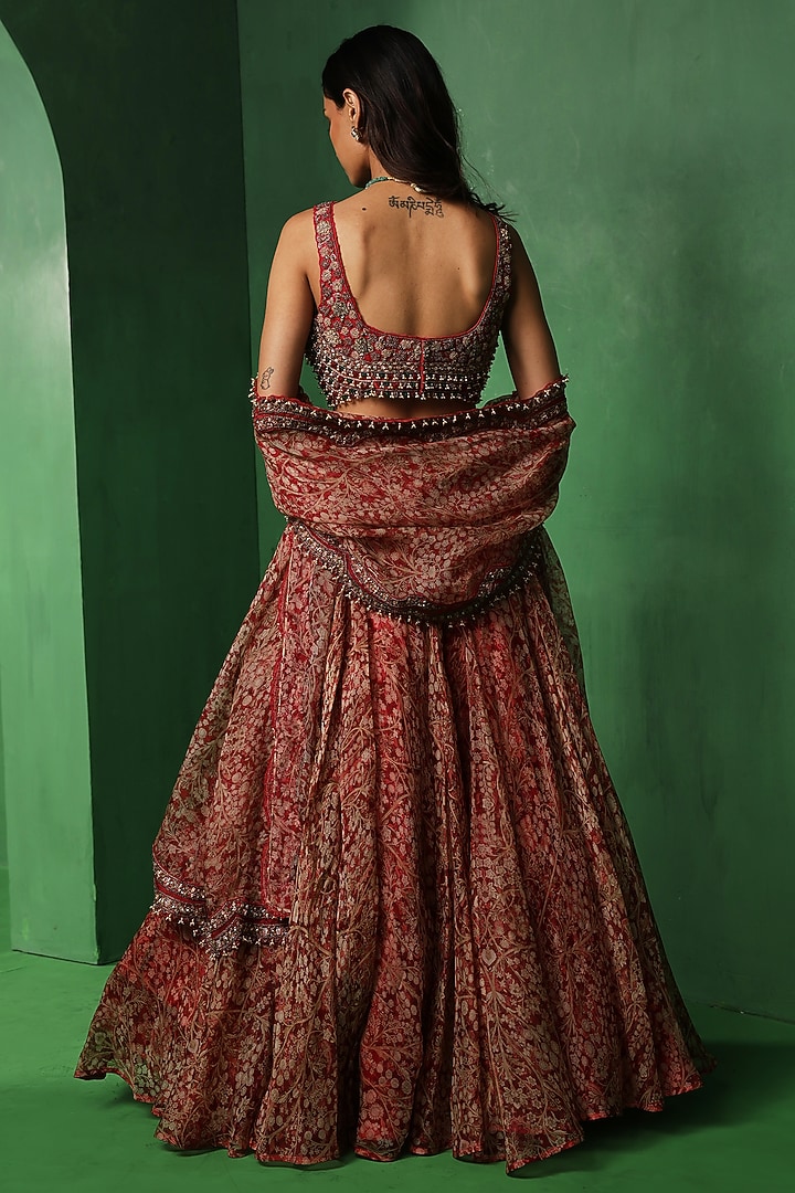 Red Organza Printed & Embellished Wedding Lehenga Set by Ridhima Bhasin at Pernia's Pop Up Shop