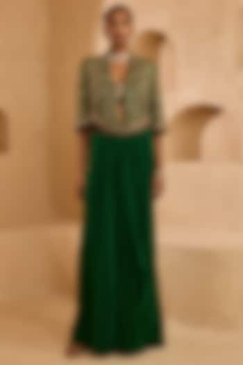 Green Georgette Draped Skirt Set by Ridhima Bhasin at Pernia's Pop Up Shop