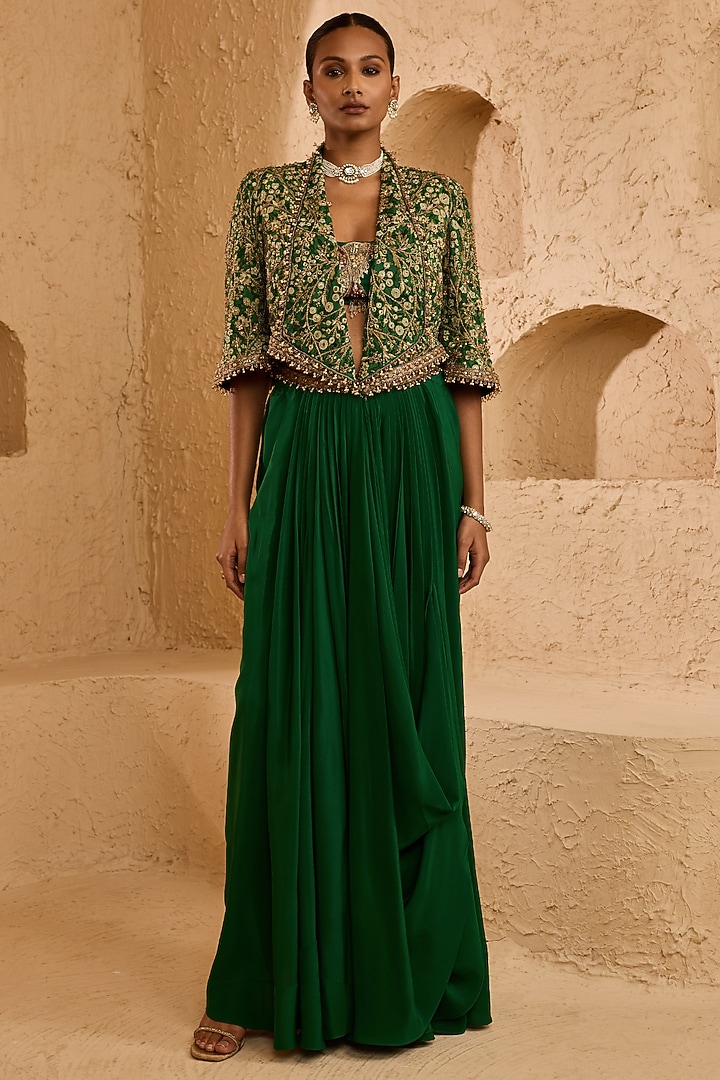Green Georgette Draped Skirt Set by Ridhima Bhasin at Pernia's Pop Up Shop