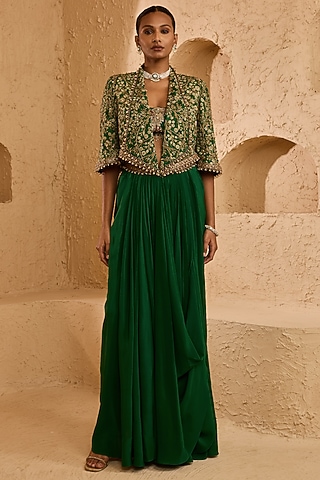 Green Georgette Draped Skirt Set by Ridhima Bhasin
