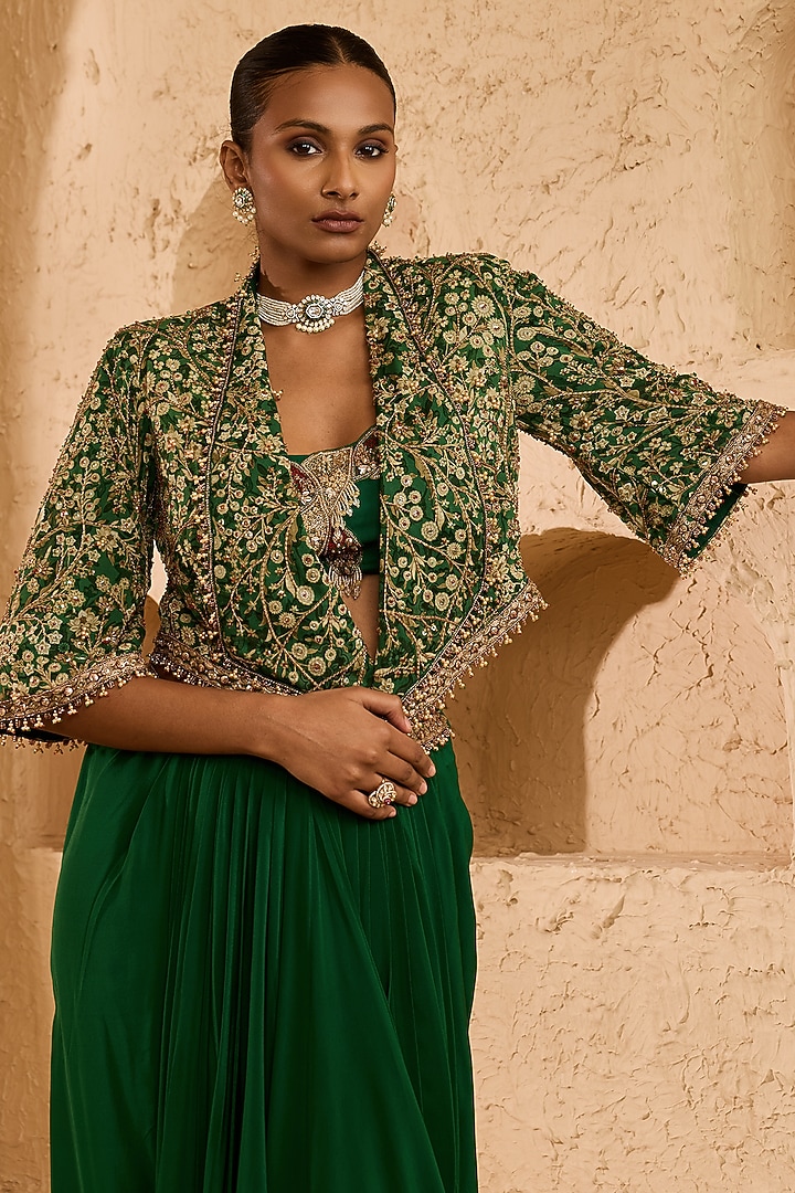 Green Georgette Draped Skirt Set by Ridhima Bhasin at Pernia's Pop Up Shop