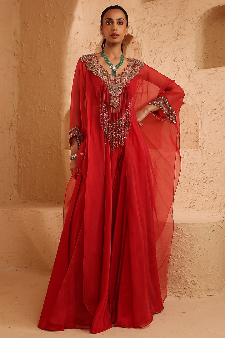 Red Crepe Pant Set by Ridhima Bhasin at Pernia's Pop Up Shop