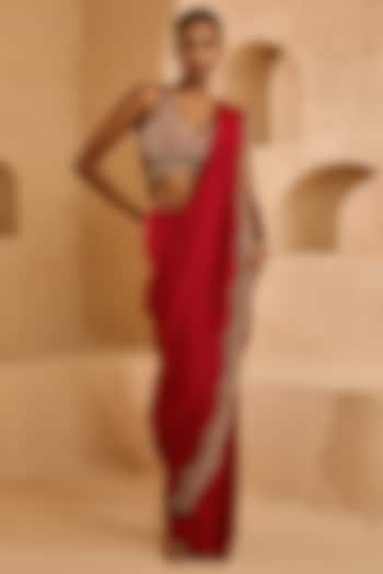 Red Flat Chiffon Pearl Embroidered Reception Saree Set by Ridhima Bhasin at Pernia's Pop Up Shop