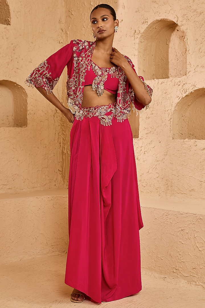 Fuchsia Organza Draped Skirt Set by Ridhima Bhasin at Pernia's Pop Up Shop