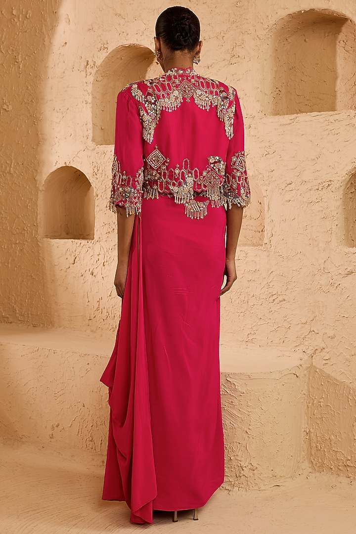 Fuchsia Organza Draped Skirt Set by Ridhima Bhasin at Pernia's Pop Up Shop