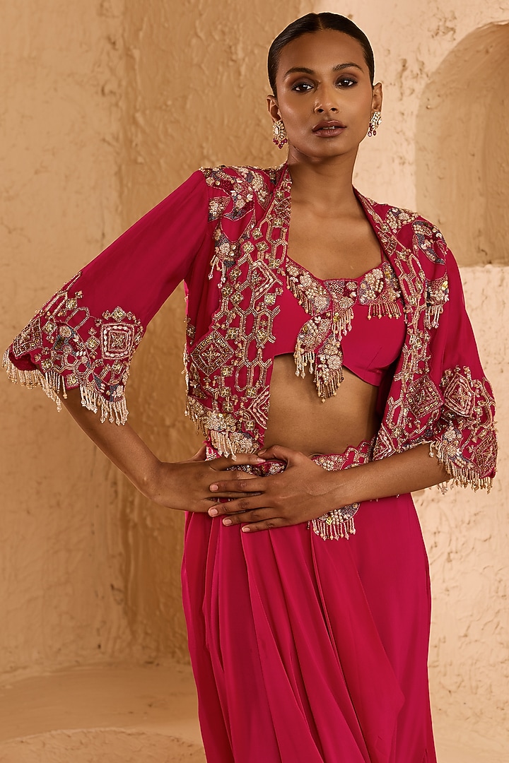 Fuchsia Organza Draped Skirt Set by Ridhima Bhasin at Pernia's Pop Up Shop