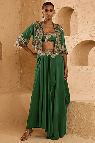 Green Organza Draped Skirt Set by Ridhima Bhasin