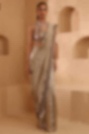 Silver Pure Tissue Hand Embroidered Reception Saree Set by Ridhima Bhasin at Pernia's Pop Up Shop