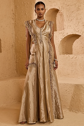 Silver Pure Tissue Embroidered Sharara Set by Ridhima Bhasin