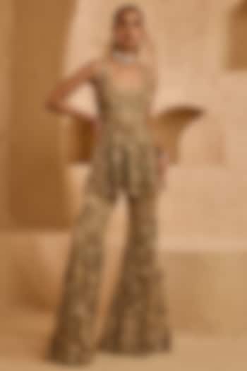 Beige Gold Net 3D Floral Hand Embroidered Co-Ord Set by Ridhima Bhasin at Pernia's Pop Up Shop