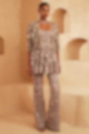 Beige Net 3D Floral Hand Embroidered Pant Set by Ridhima Bhasin at Pernia's Pop Up Shop