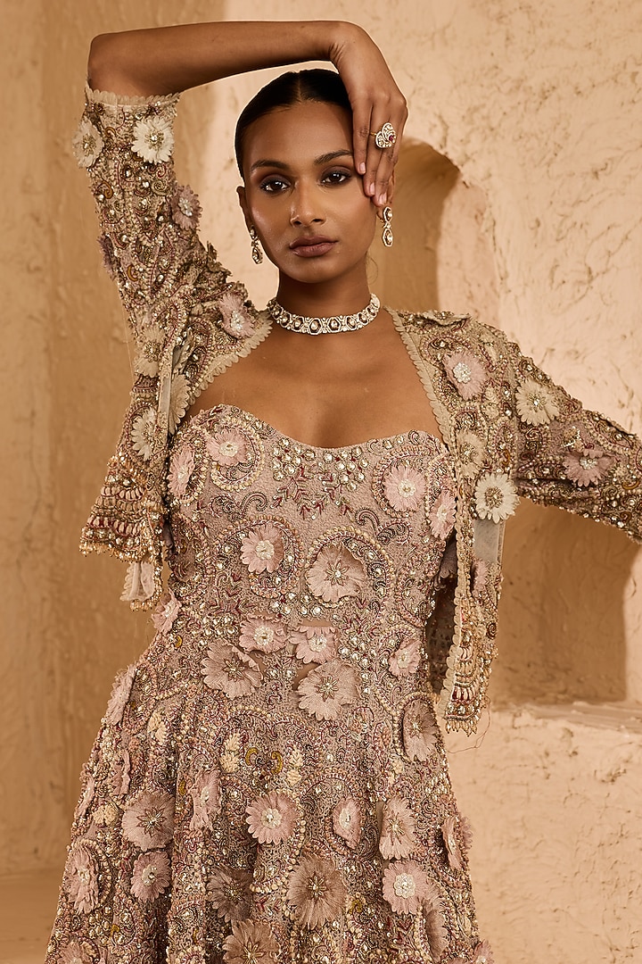 Beige Net 3D Floral Hand Embroidered Pant Set by Ridhima Bhasin at Pernia's Pop Up Shop