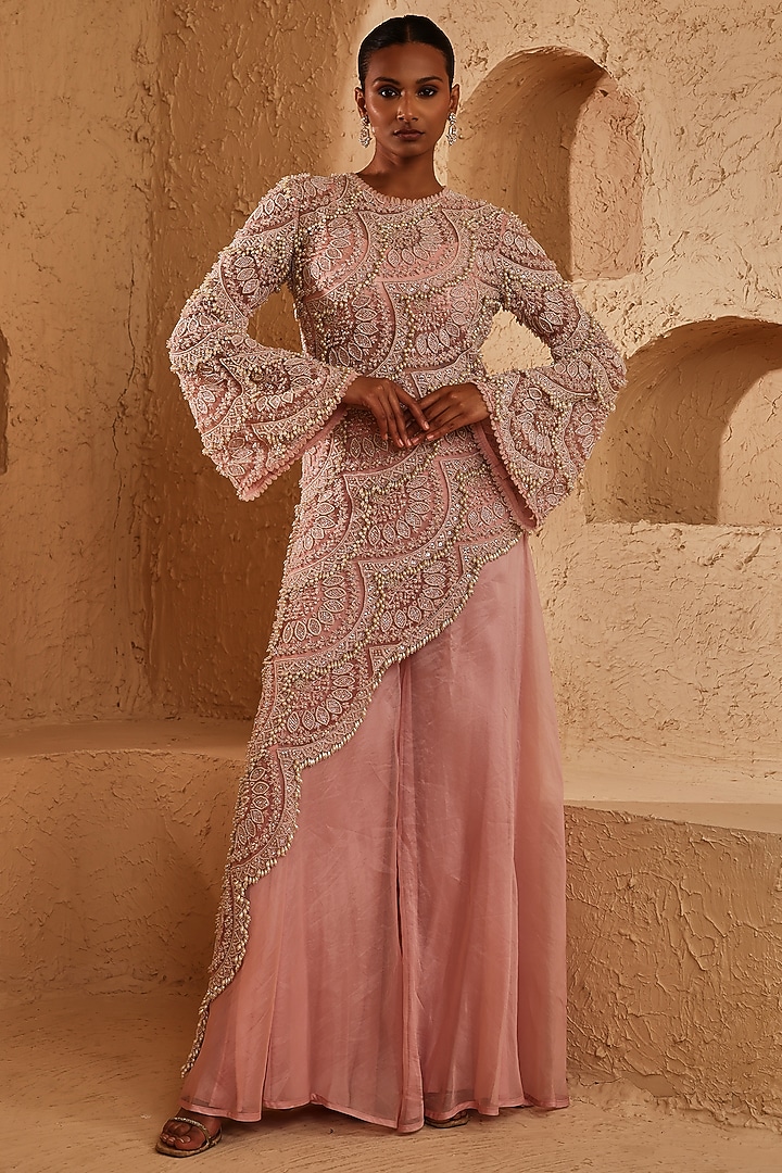 Soft Pink Net Pearl Hand Embroidered Asymmetric Kurta Set by Ridhima Bhasin at Pernia's Pop Up Shop